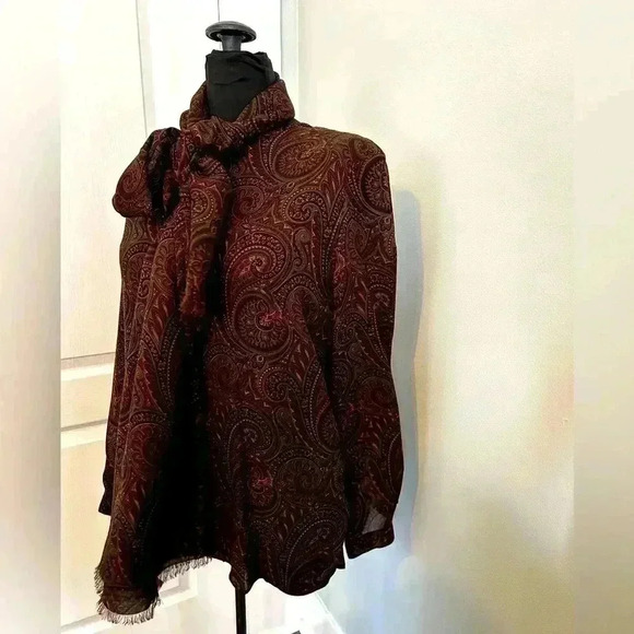 Ciao Sport Vintage Womens 8 Silk Brown Paisley‎ Scarf Long Sleeve Button Blouse - Picture 2 of 14